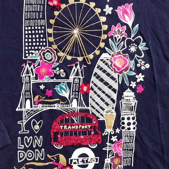 Gymboree Navy Blue London bridge Red Bus Sparkly Sequined Shirt Top Girls 7 8 - Picture 3 of 8